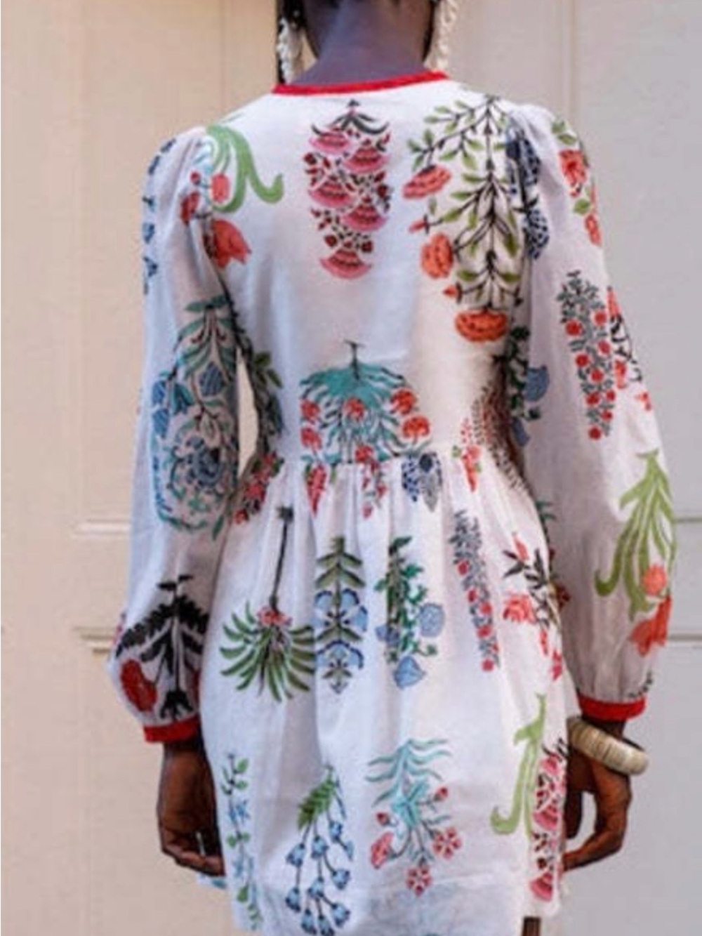 Alix Of Bohemia White Floral-Print Long Sleeve Mini Dress with Red Trim - Picture 2 of 7